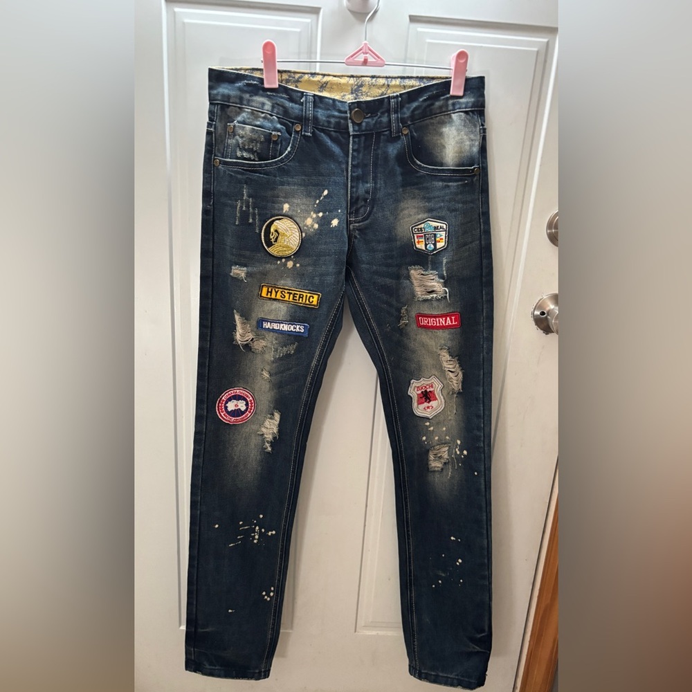 Boutique Men's Skinny Jeans with Patches - Dark Blue sz 30